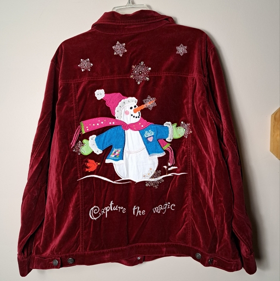 Quacker Factory - Red Velvet Snowman Jacket - Size 2X - Winter Snow Flakes - Picture 1 of 14